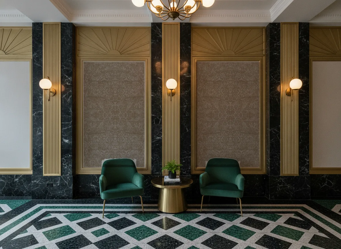 Filea Linessence — Lobby art deco — kwatery między mosiężnymi pilastrami
