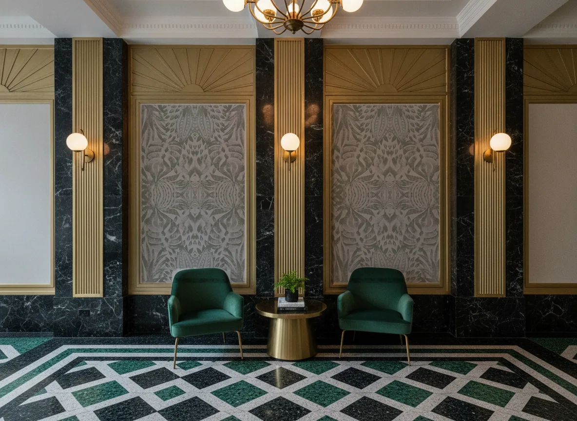 Foliage — Lobby art deco — kwatery między mosiężnymi pilastrami