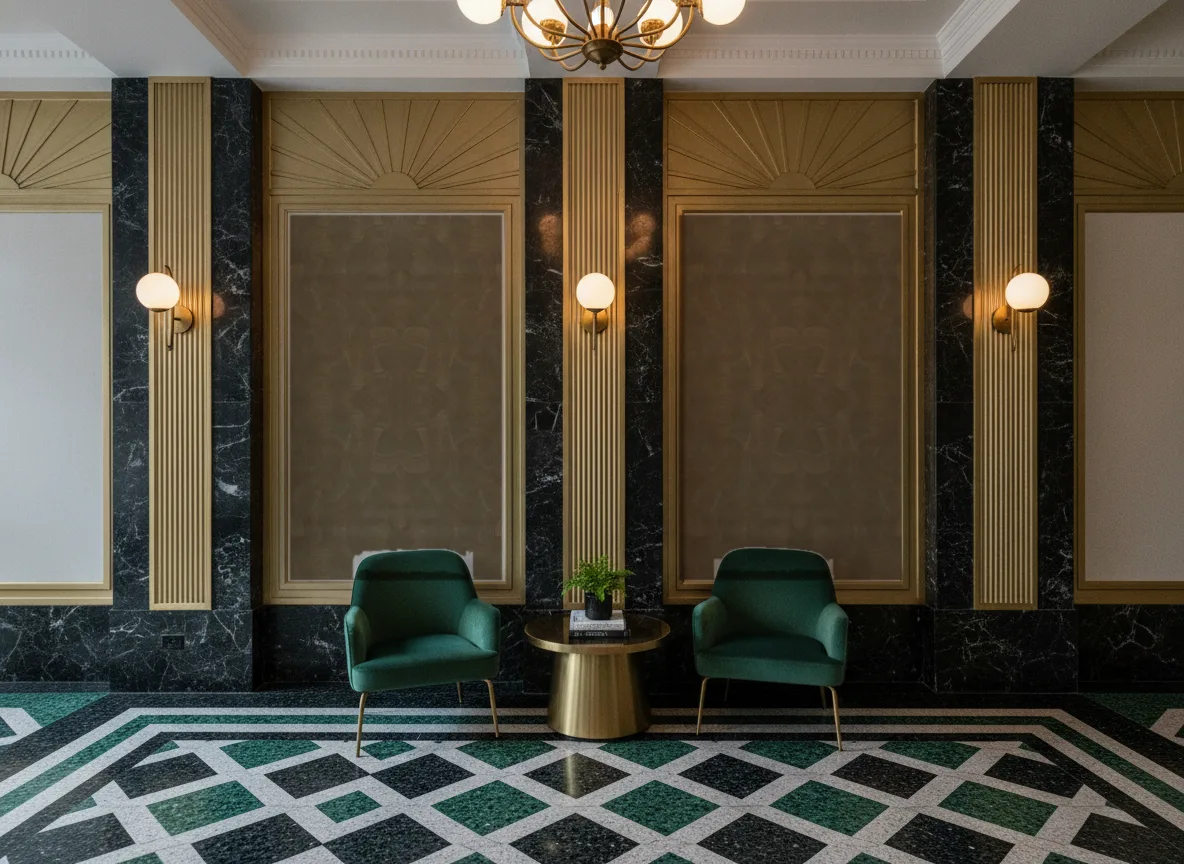 Gemmae — Lobby art deco — kwatery między mosiężnymi pilastrami