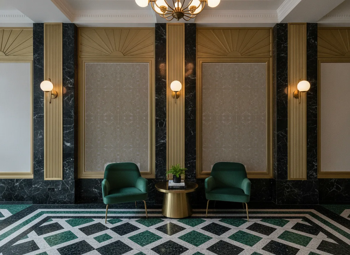 Jali Mansour — Lobby art deco — kwatery między mosiężnymi pilastrami