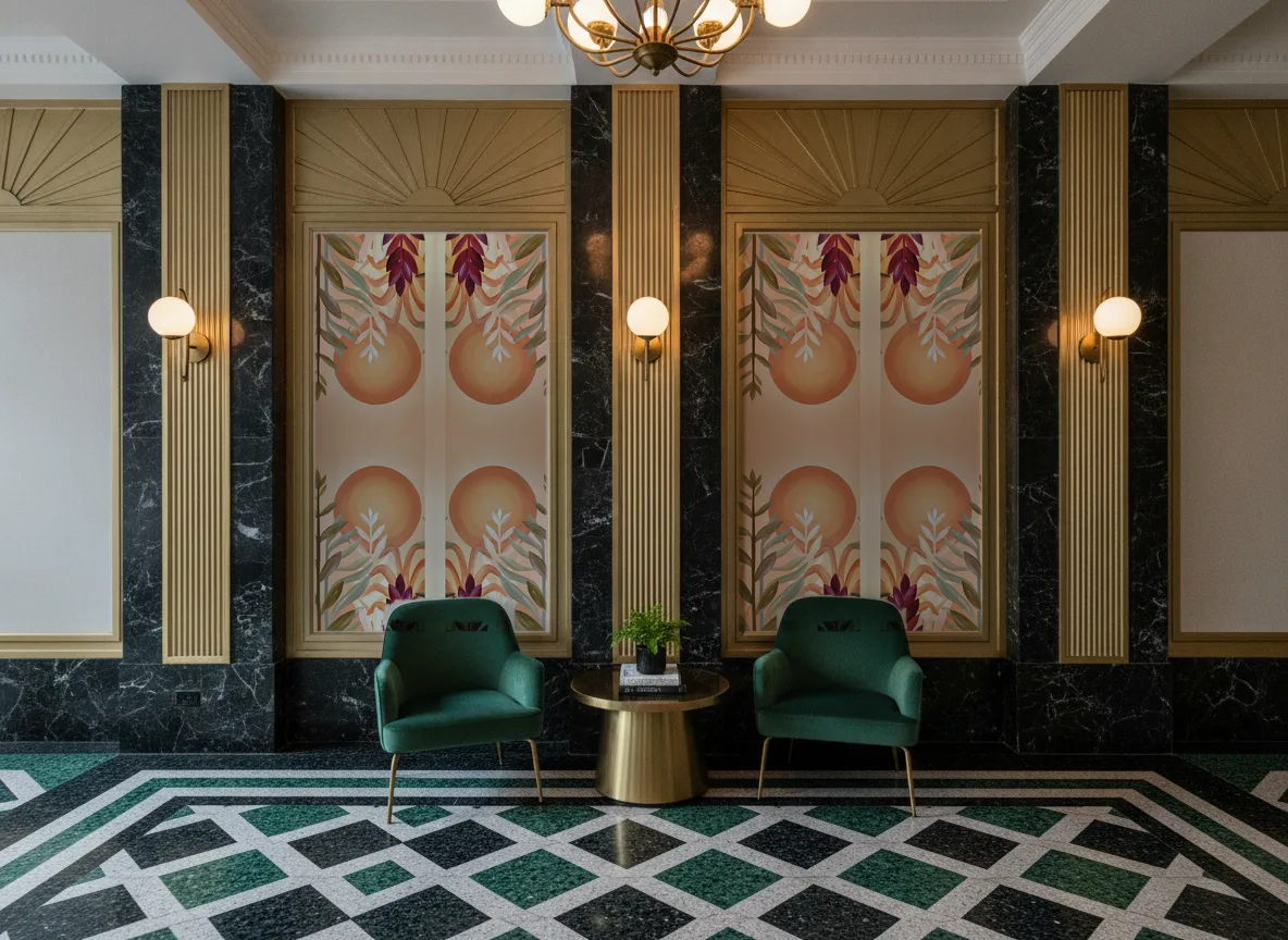 Jardin de cactus — Lobby art deco — kwatery między mosiężnymi pilastrami