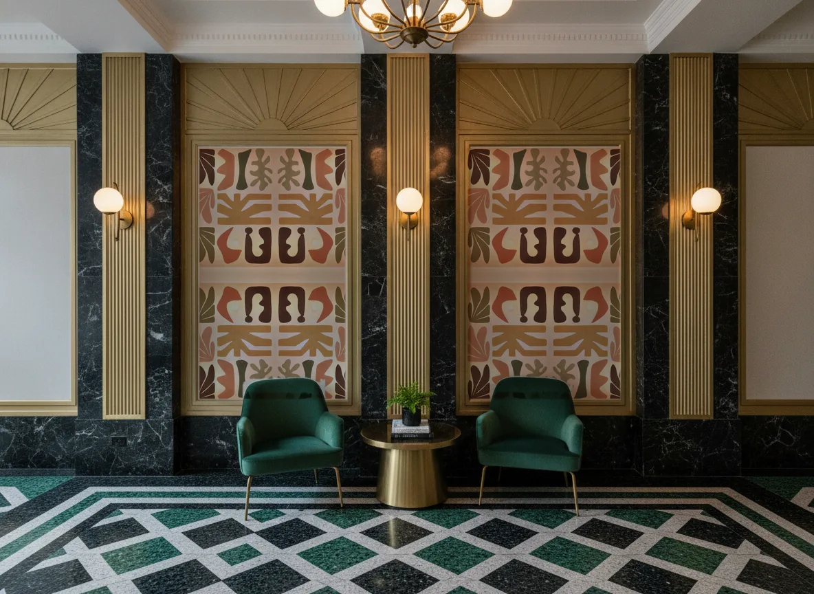 Jorge — Lobby art deco — kwatery między mosiężnymi pilastrami