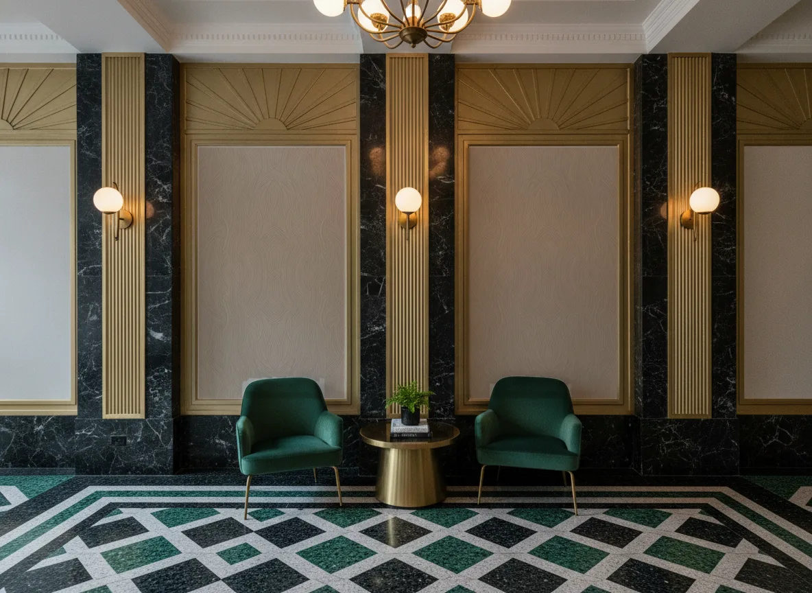 Kashmir — Lobby art deco — kwatery między mosiężnymi pilastrami