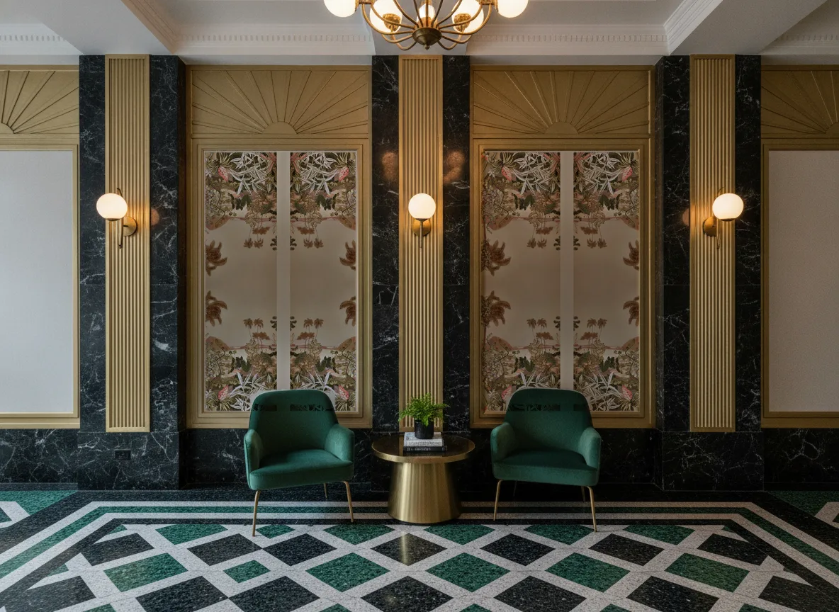 Kisama — Lobby art deco — kwatery między mosiężnymi pilastrami