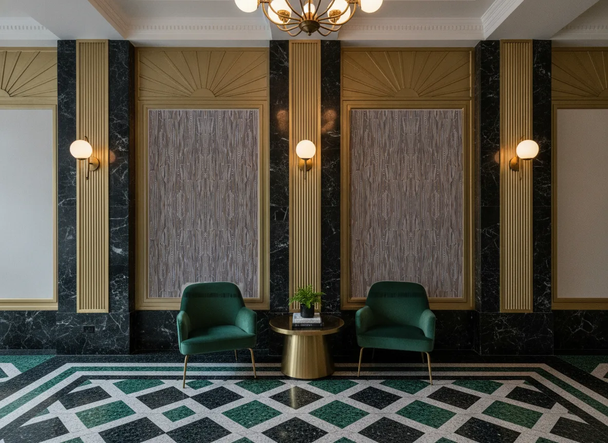 Lahna Le Velours — Lobby art deco — kwatery między mosiężnymi pilastrami