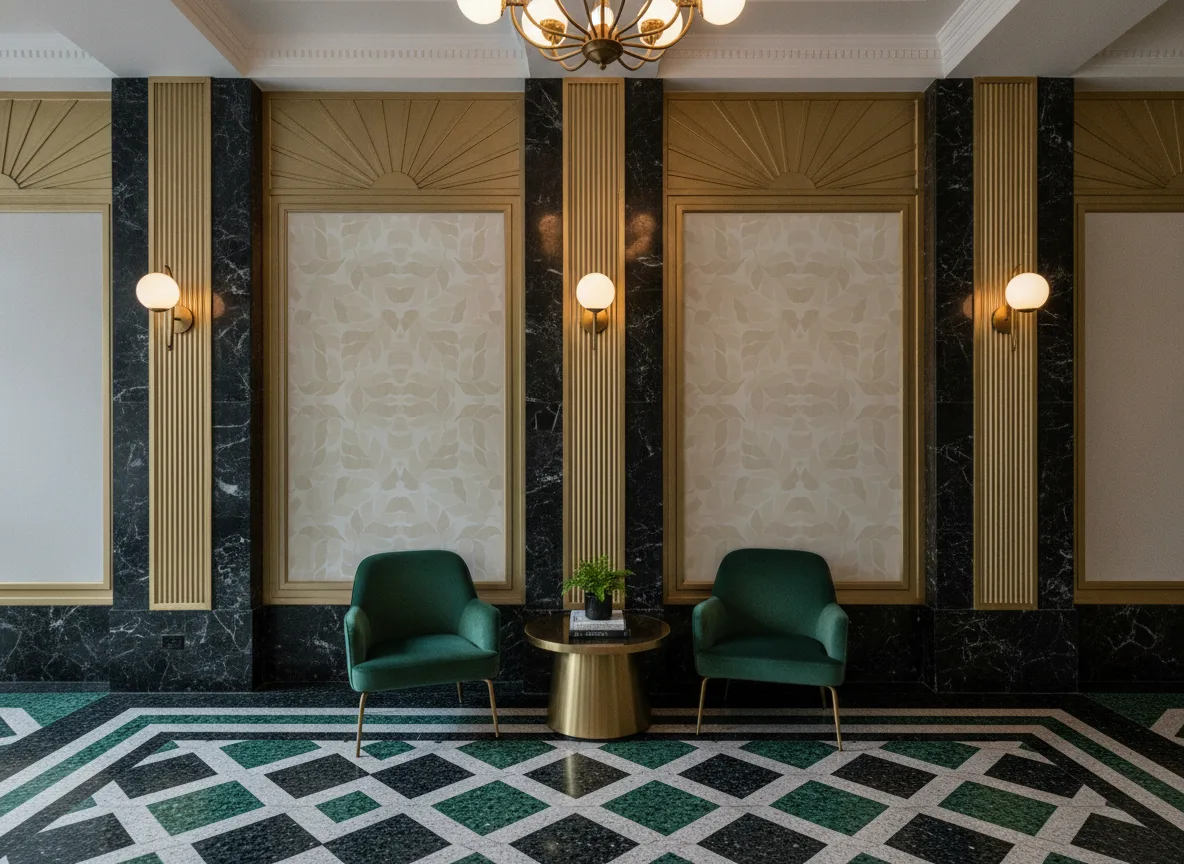 Lontara — Lobby art deco — kwatery między mosiężnymi pilastrami
