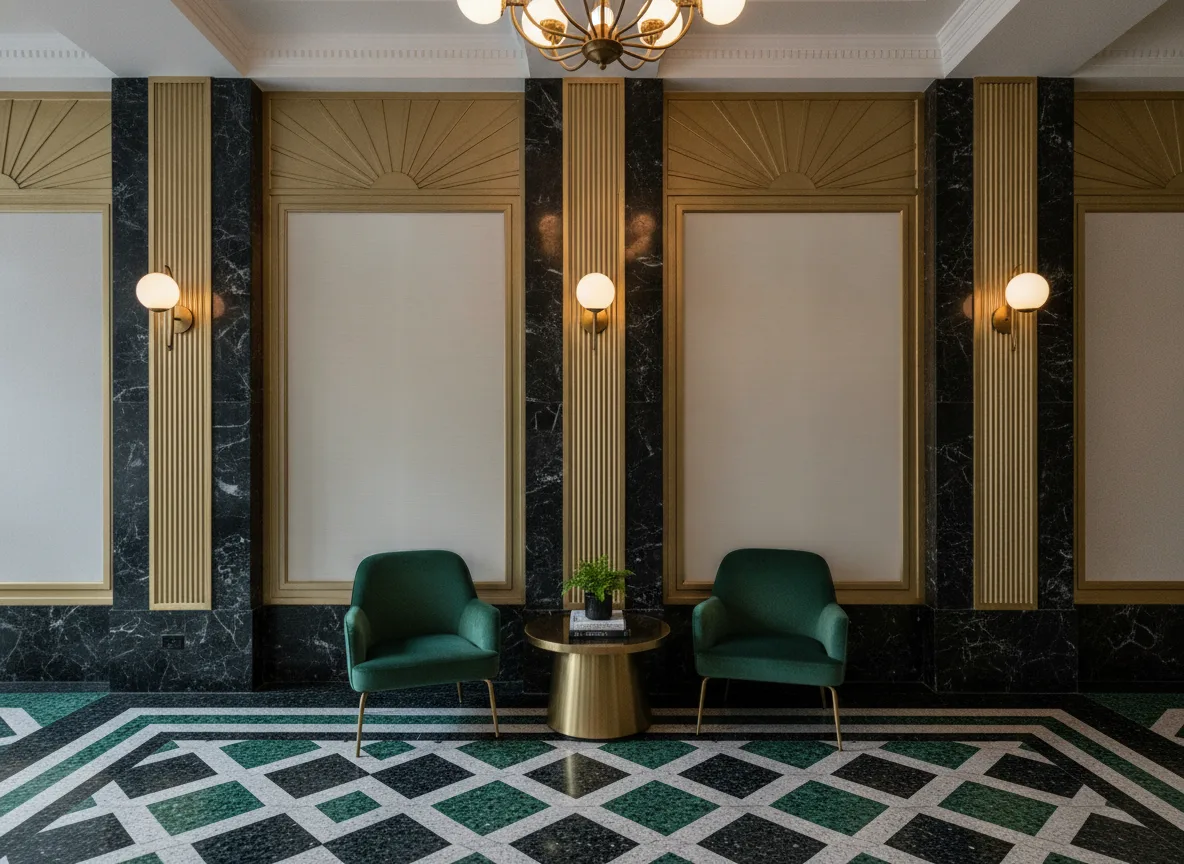 Malacca — Lobby art deco — kwatery między mosiężnymi pilastrami