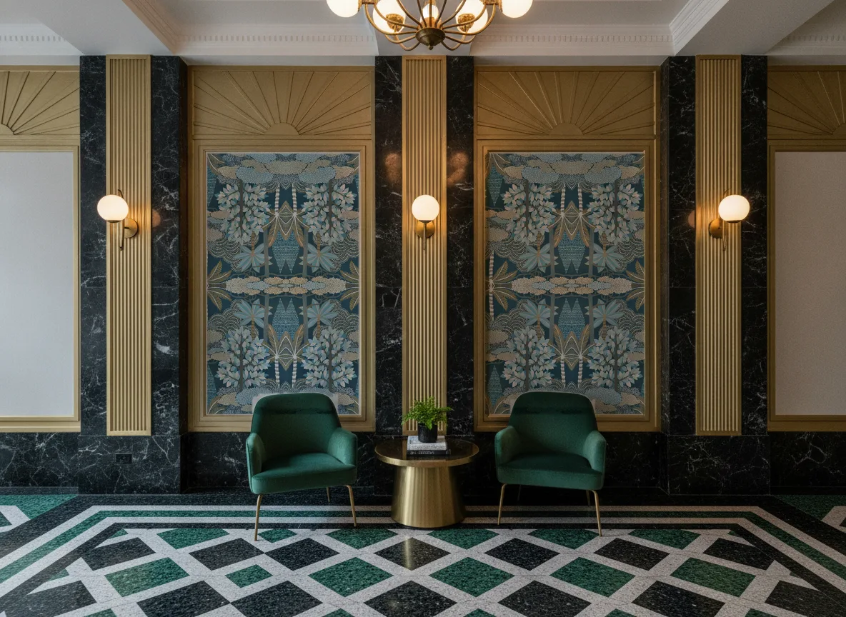Marakanda — Lobby art deco — kwatery między mosiężnymi pilastrami