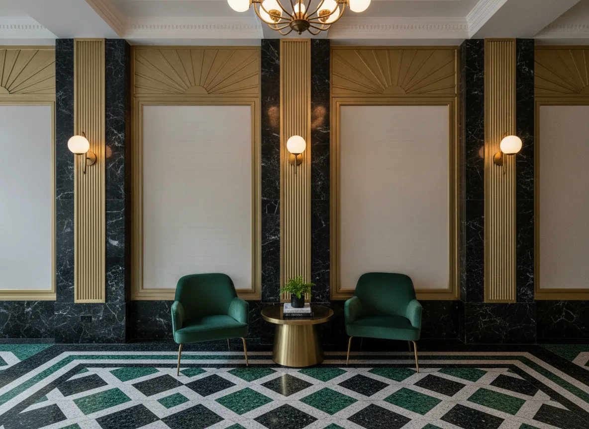 Mestizo — Lobby art deco — kwatery między mosiężnymi pilastrami