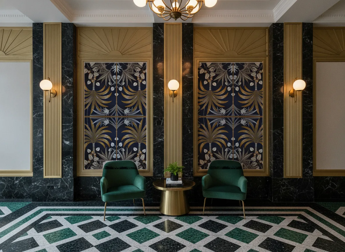 Mirissa — Lobby art deco — kwatery między mosiężnymi pilastrami