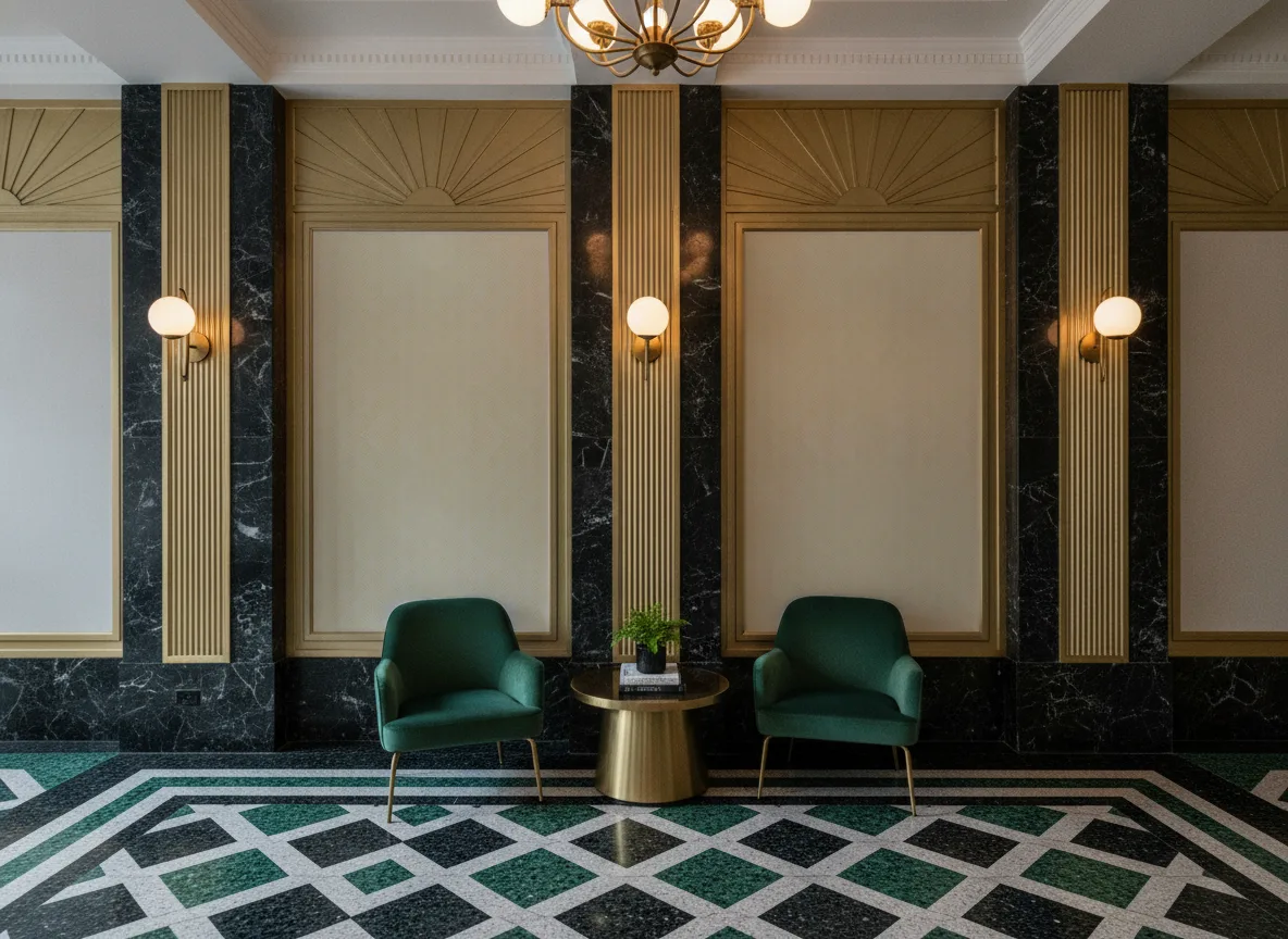 Nereides Magnitude – Textures — Lobby art deco — kwatery między mosiężnymi pilastrami