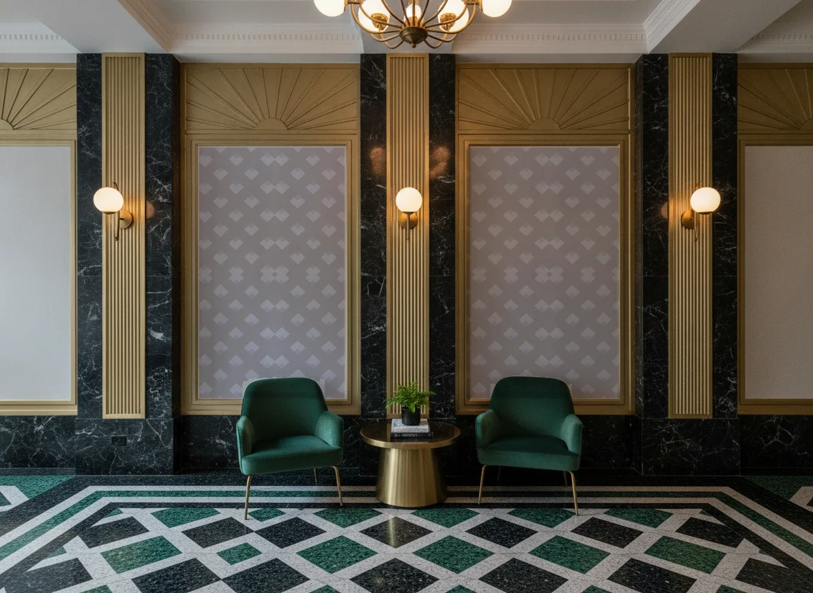 Ondes Misura — Lobby art deco — kwatery między mosiężnymi pilastrami