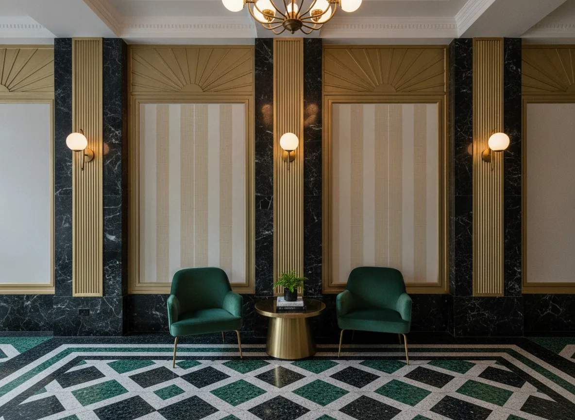 Opio — Lobby art deco — kwatery między mosiężnymi pilastrami