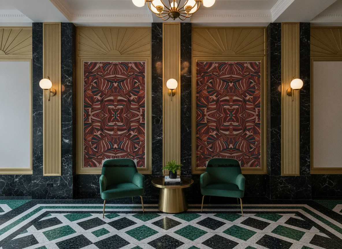 Pachira — Lobby art deco — kwatery między mosiężnymi pilastrami