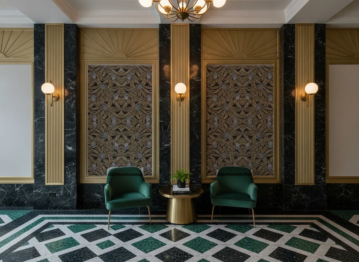 Palmeta — Lobby art deco — kwatery między mosiężnymi pilastrami