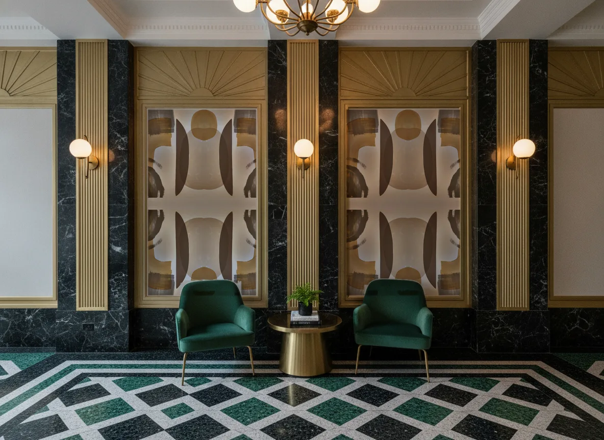 Papunya — Lobby art deco — kwatery między mosiężnymi pilastrami