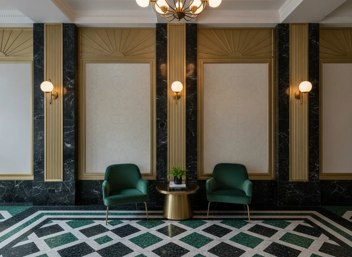 Pastel — Lobby art deco — kwatery między mosiężnymi pilastrami