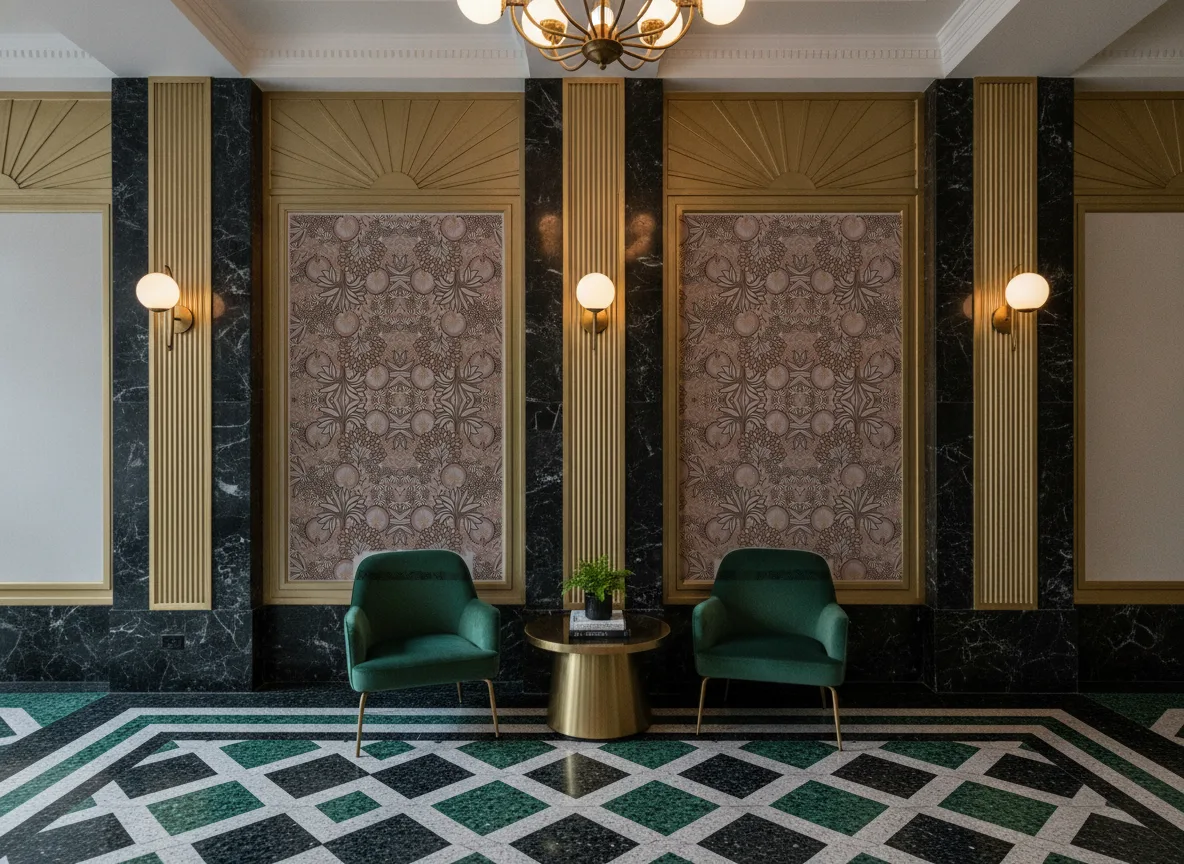 Persee — Lobby art deco — kwatery między mosiężnymi pilastrami