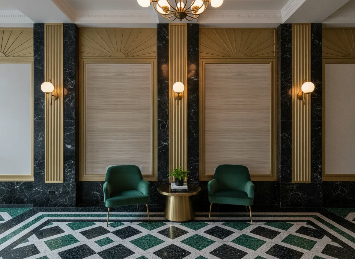Picta — Lobby art deco — kwatery między mosiężnymi pilastrami