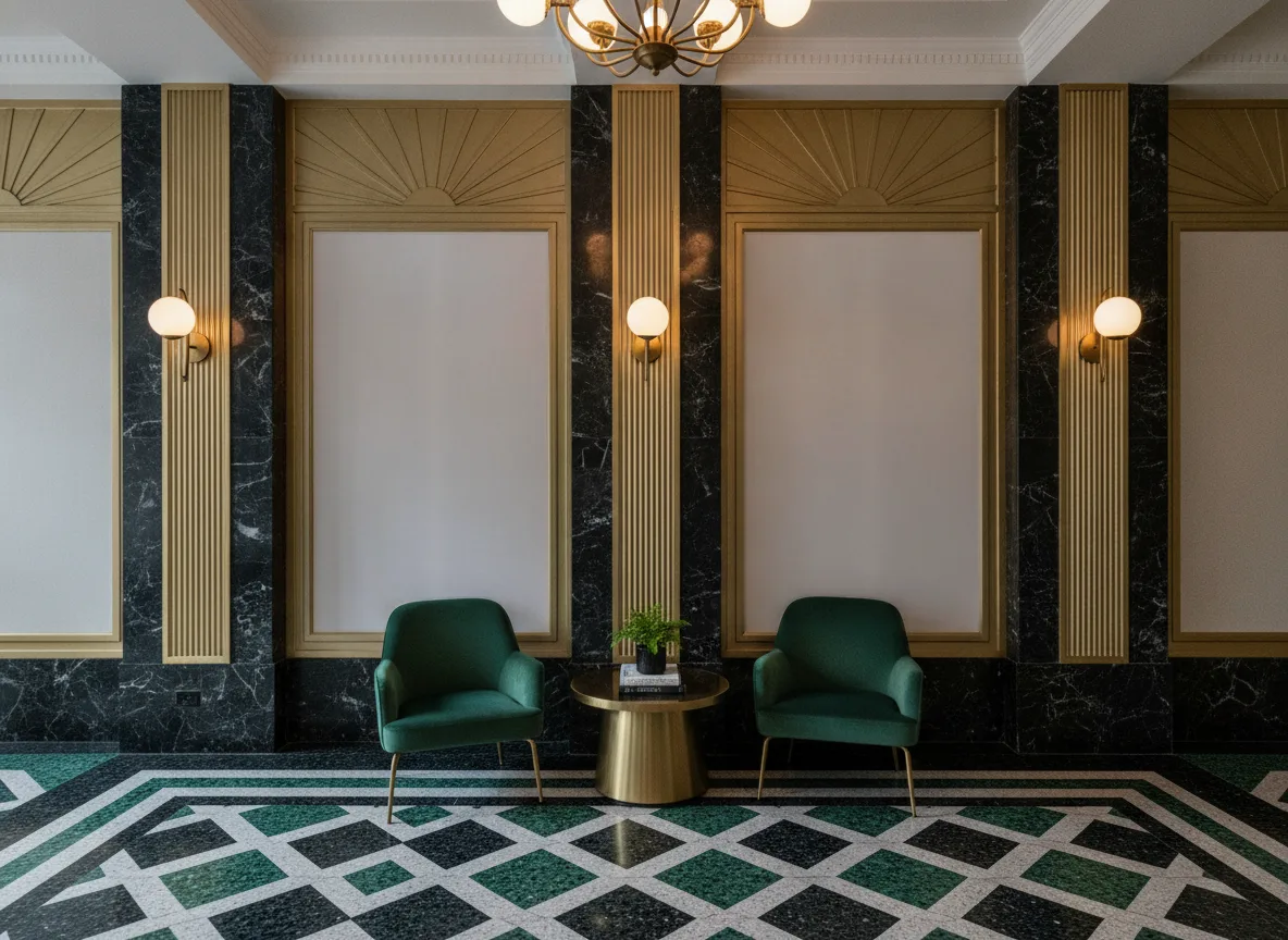 Plumetis Misura — Lobby art deco — kwatery między mosiężnymi pilastrami