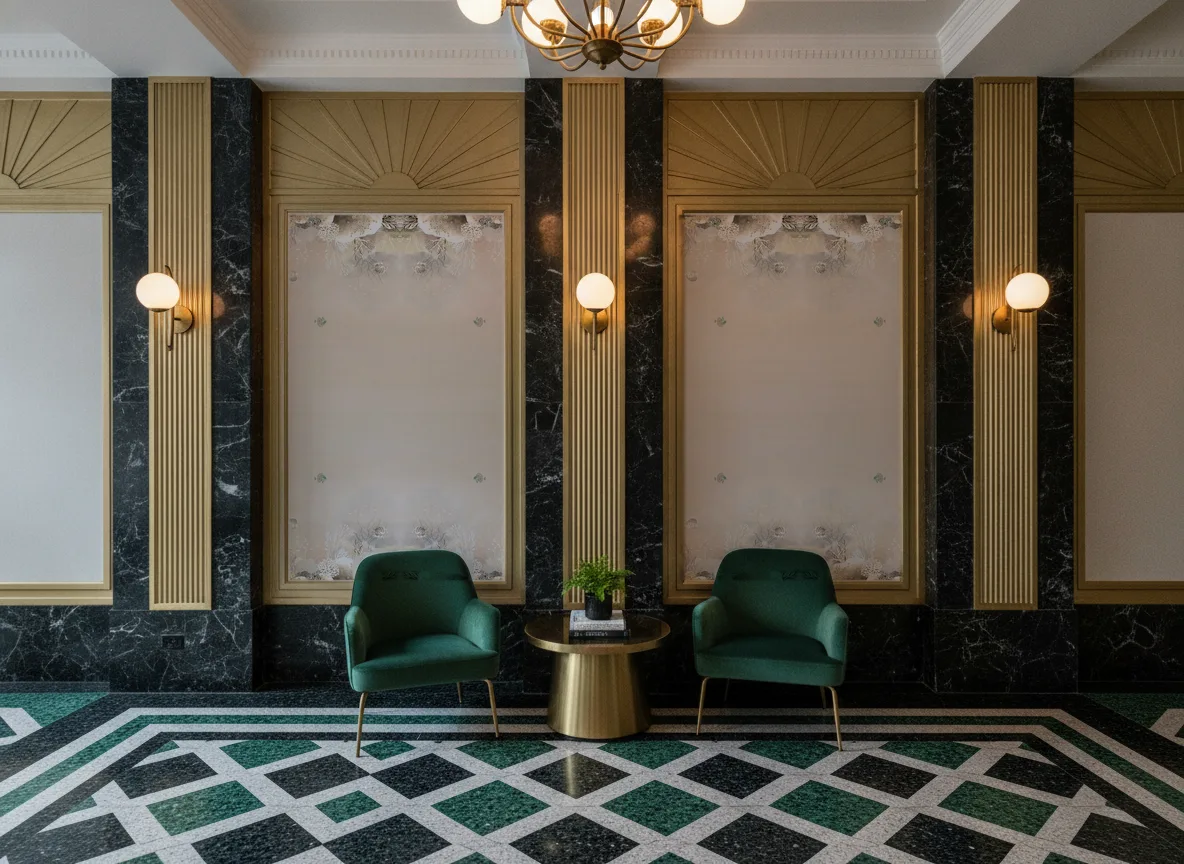 Polynesie — Lobby art deco — kwatery między mosiężnymi pilastrami