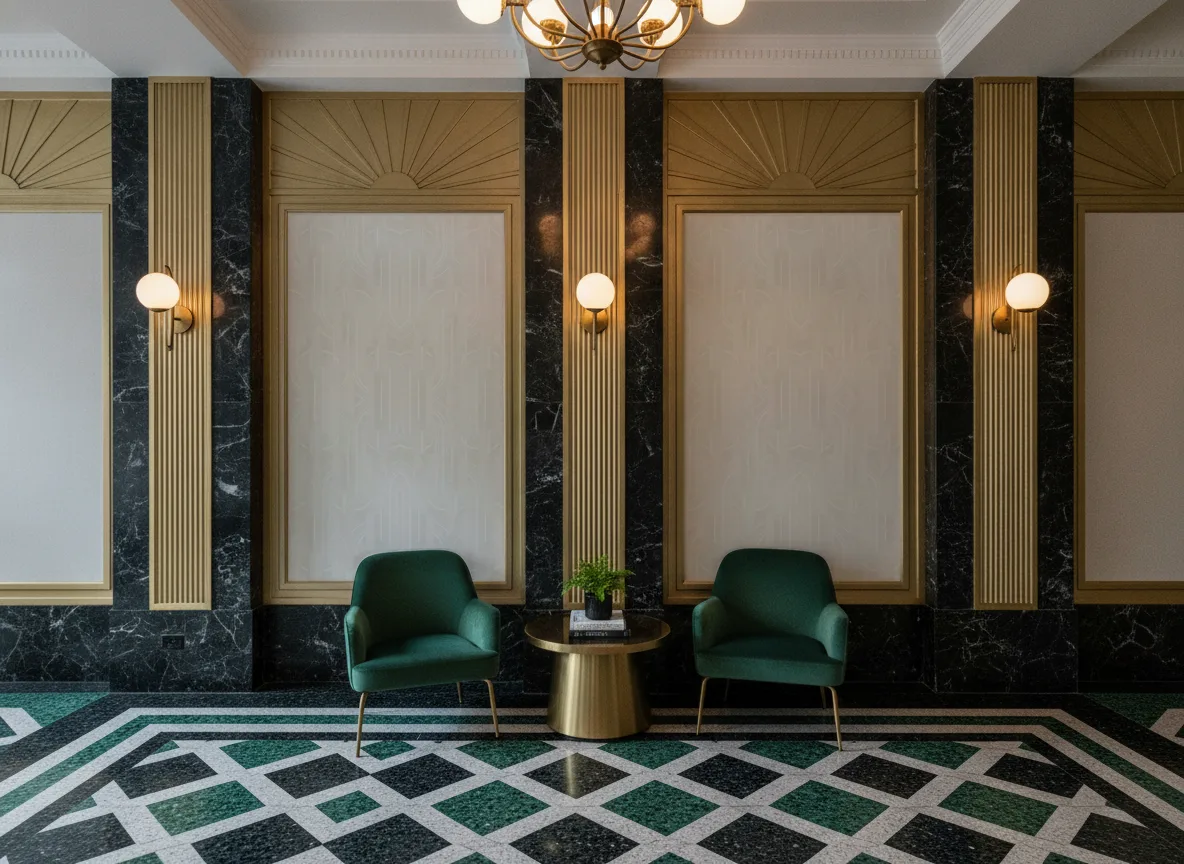 Porte Doree Faubourg des Lumieres - 106 cm szer. — Lobby art deco — kwatery między mosiężnymi pilastrami