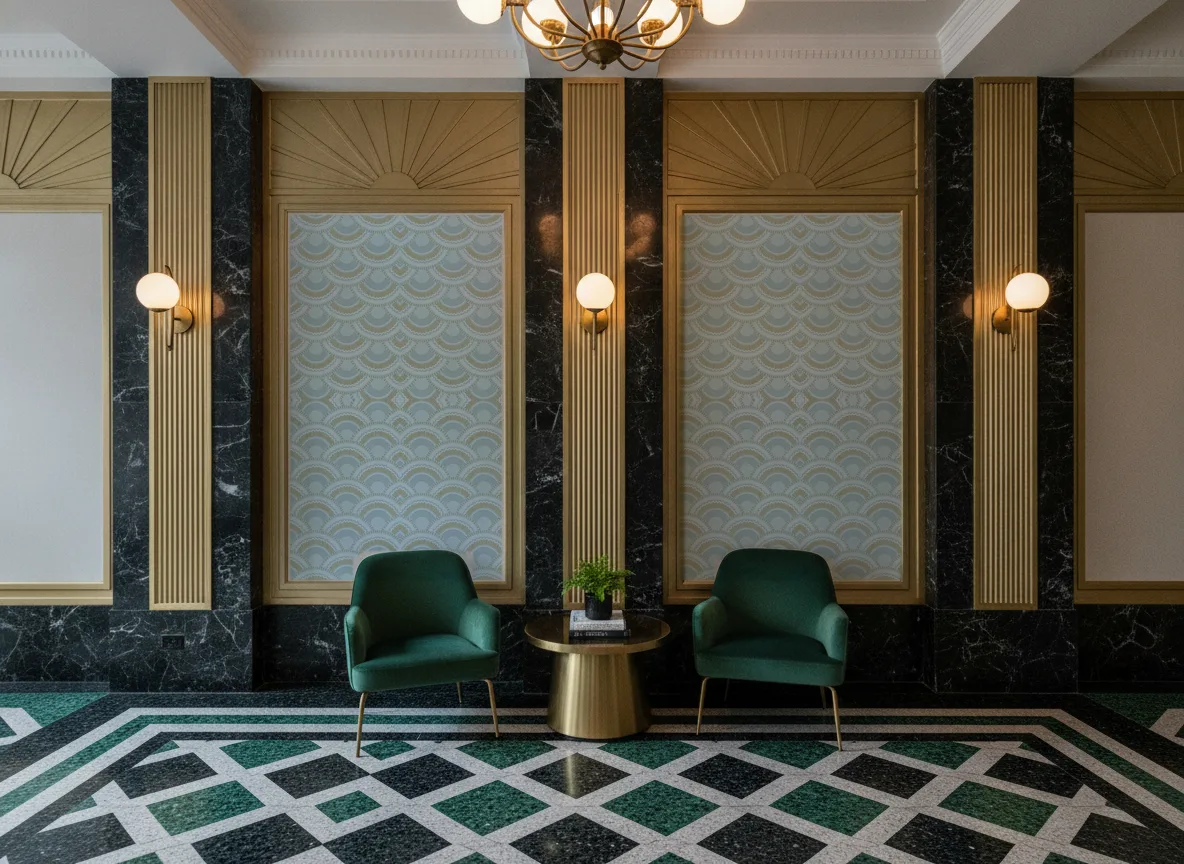 Printemps Viennois — Lobby art deco — kwatery między mosiężnymi pilastrami