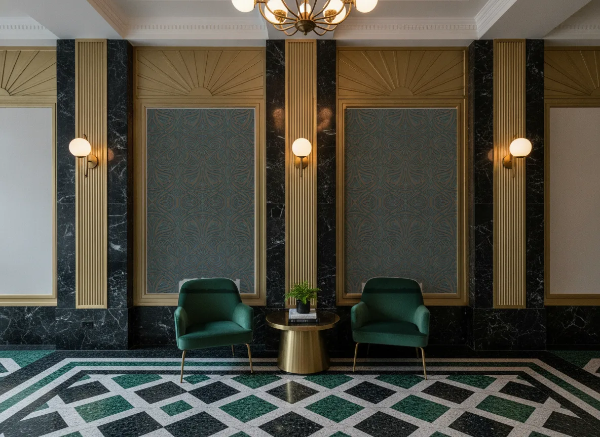 Rabat Mansour — Lobby art deco — kwatery między mosiężnymi pilastrami