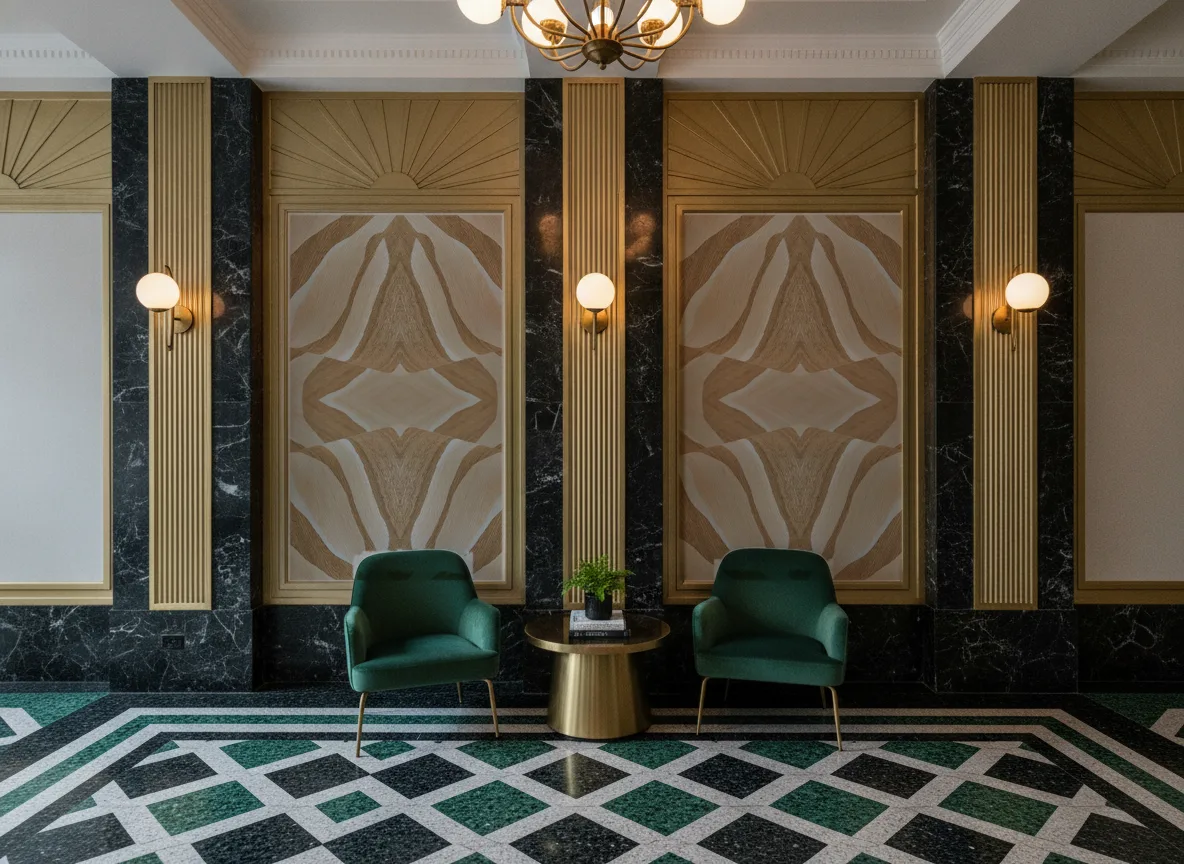 Rama — Lobby art deco — kwatery między mosiężnymi pilastrami