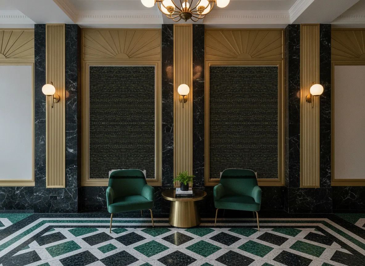 Saba Escambray — Lobby art deco — kwatery między mosiężnymi pilastrami