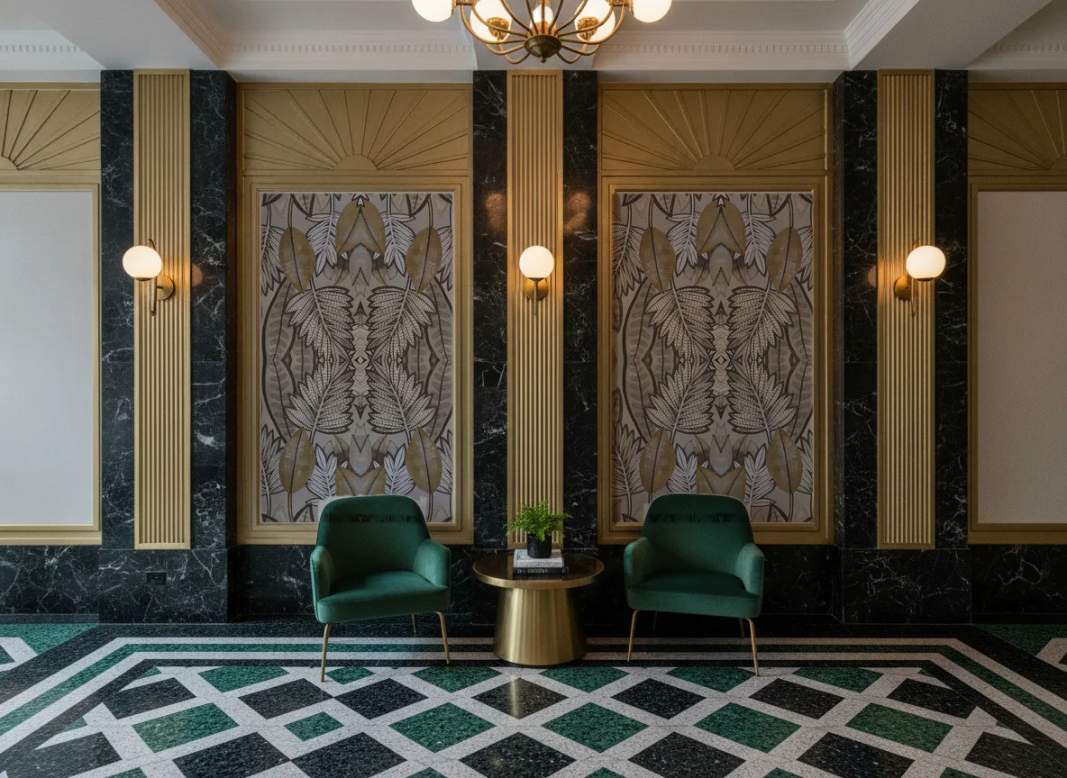 Sabal — Lobby art deco — kwatery między mosiężnymi pilastrami