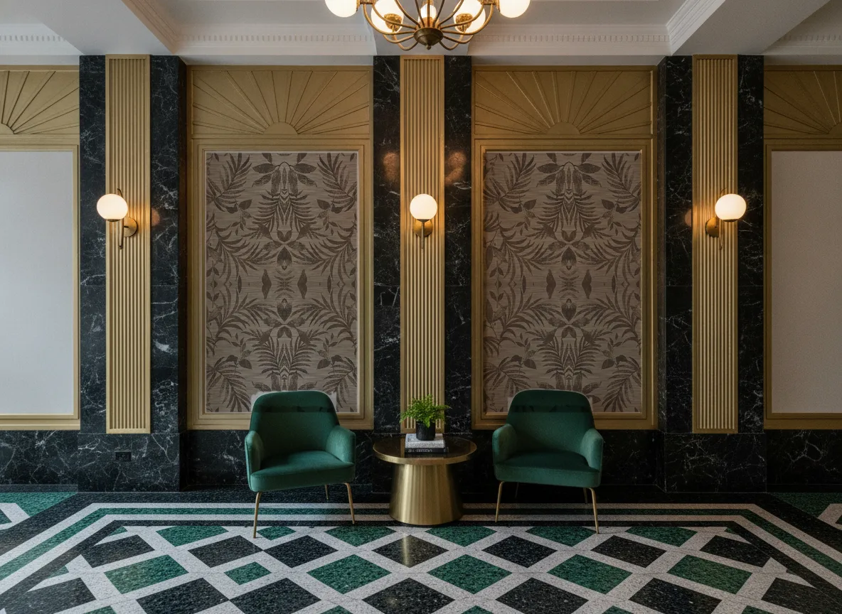 Salix Feroe — Lobby art deco — kwatery między mosiężnymi pilastrami