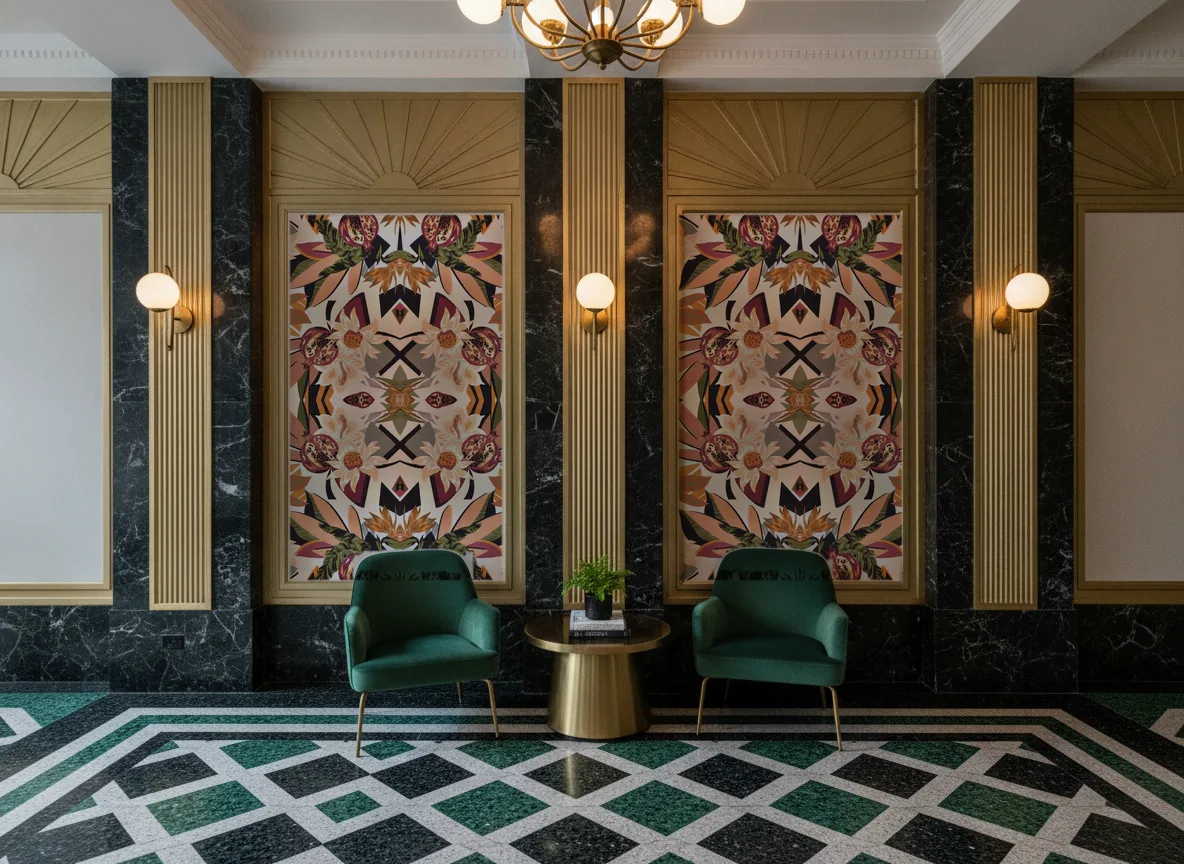 Salvador — Lobby art deco — kwatery między mosiężnymi pilastrami