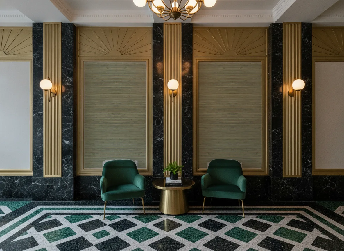 Seagrass — Lobby art deco — kwatery między mosiężnymi pilastrami