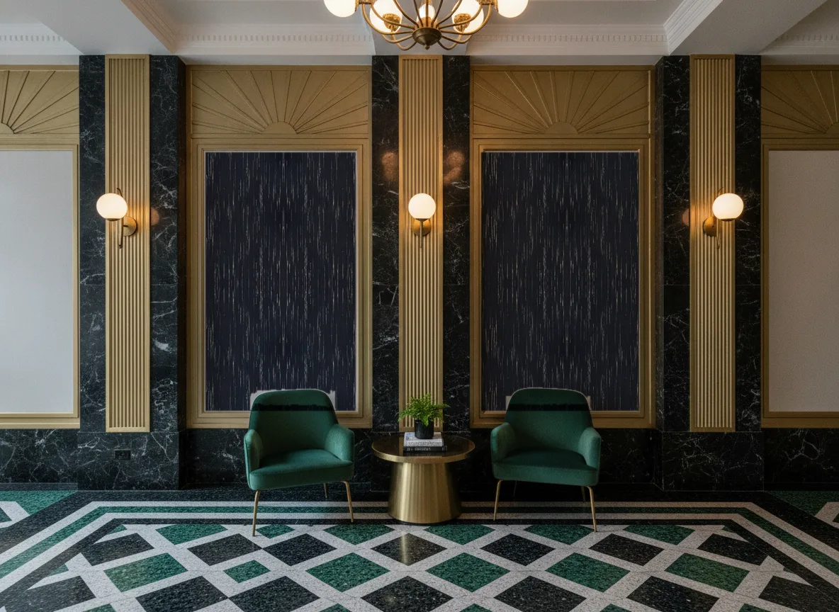 Sequoia Escambray — Lobby art deco — kwatery między mosiężnymi pilastrami