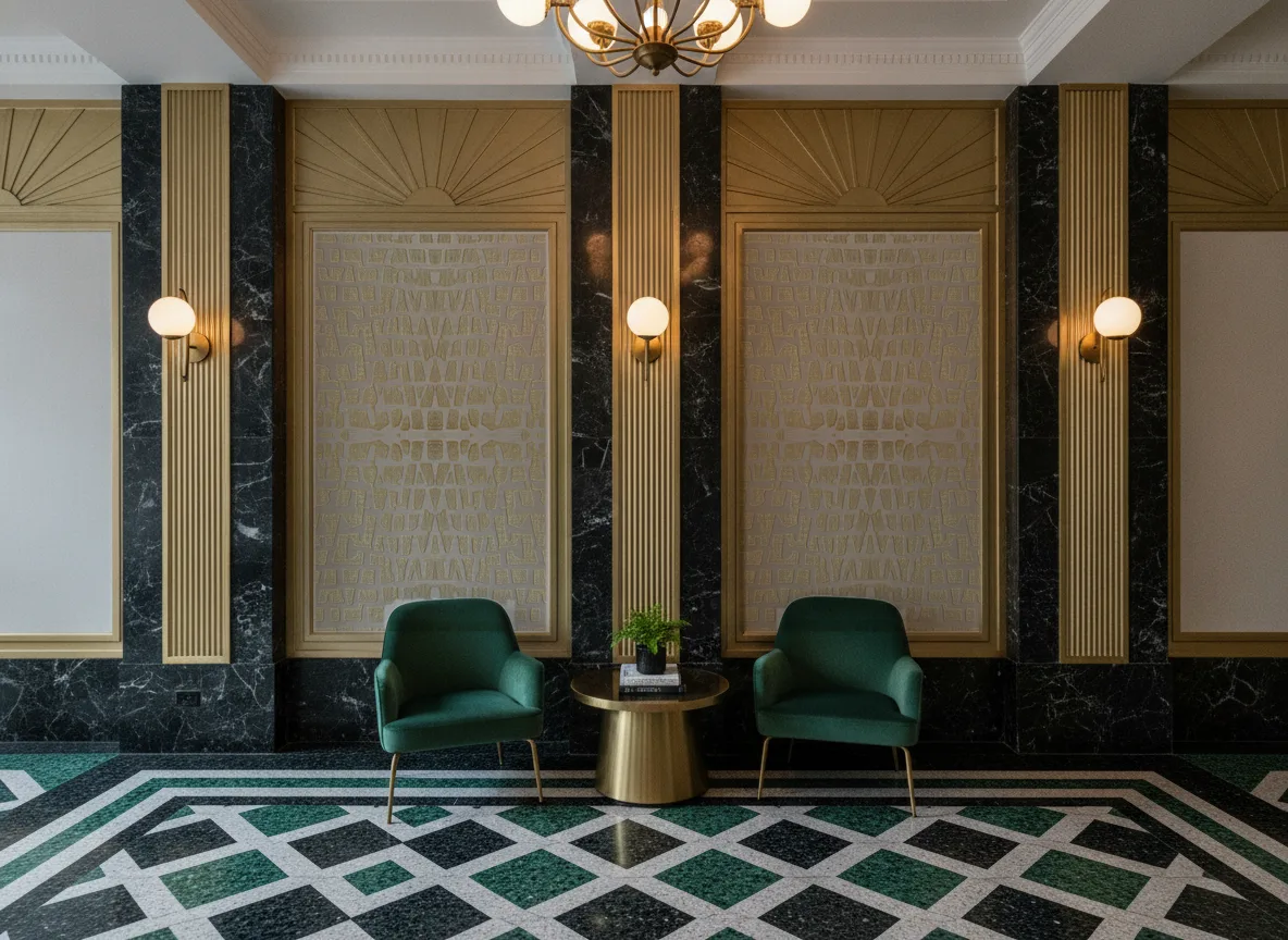 Serti — Lobby art deco — kwatery między mosiężnymi pilastrami