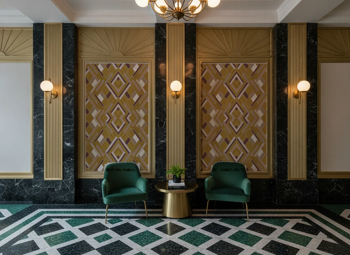 Shapes Delta — Lobby art deco — kwatery między mosiężnymi pilastrami