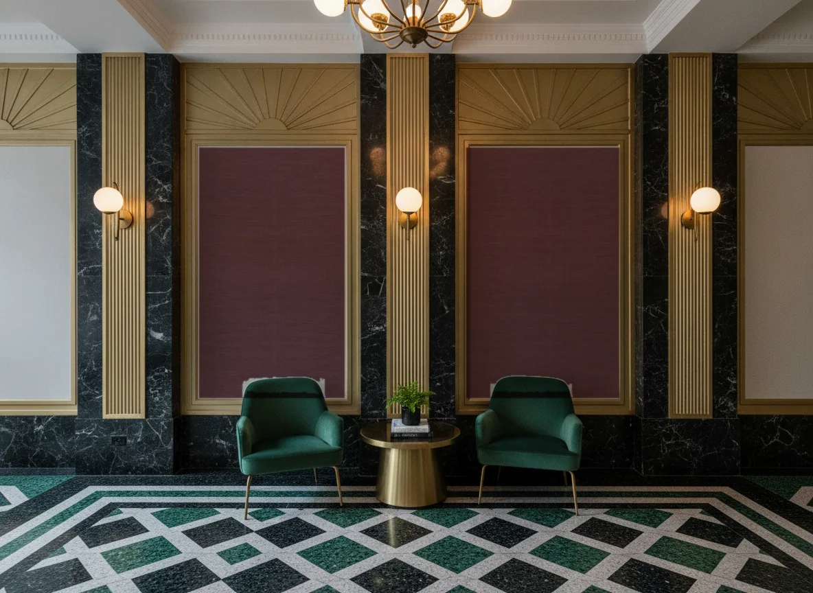 Shinok — Lobby art deco — kwatery między mosiężnymi pilastrami