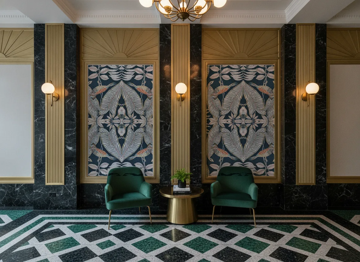 Sibia — Lobby art deco — kwatery między mosiężnymi pilastrami