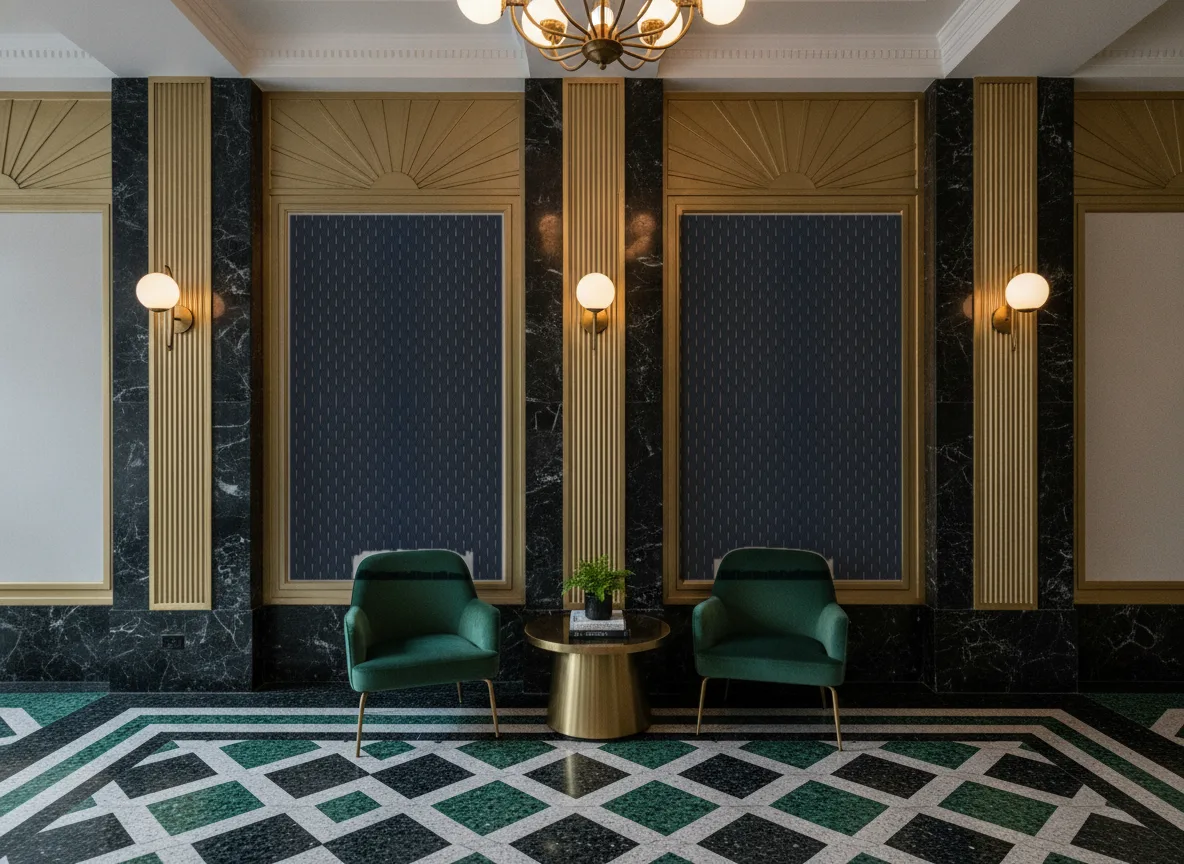 Stein Delta — Lobby art deco — kwatery między mosiężnymi pilastrami