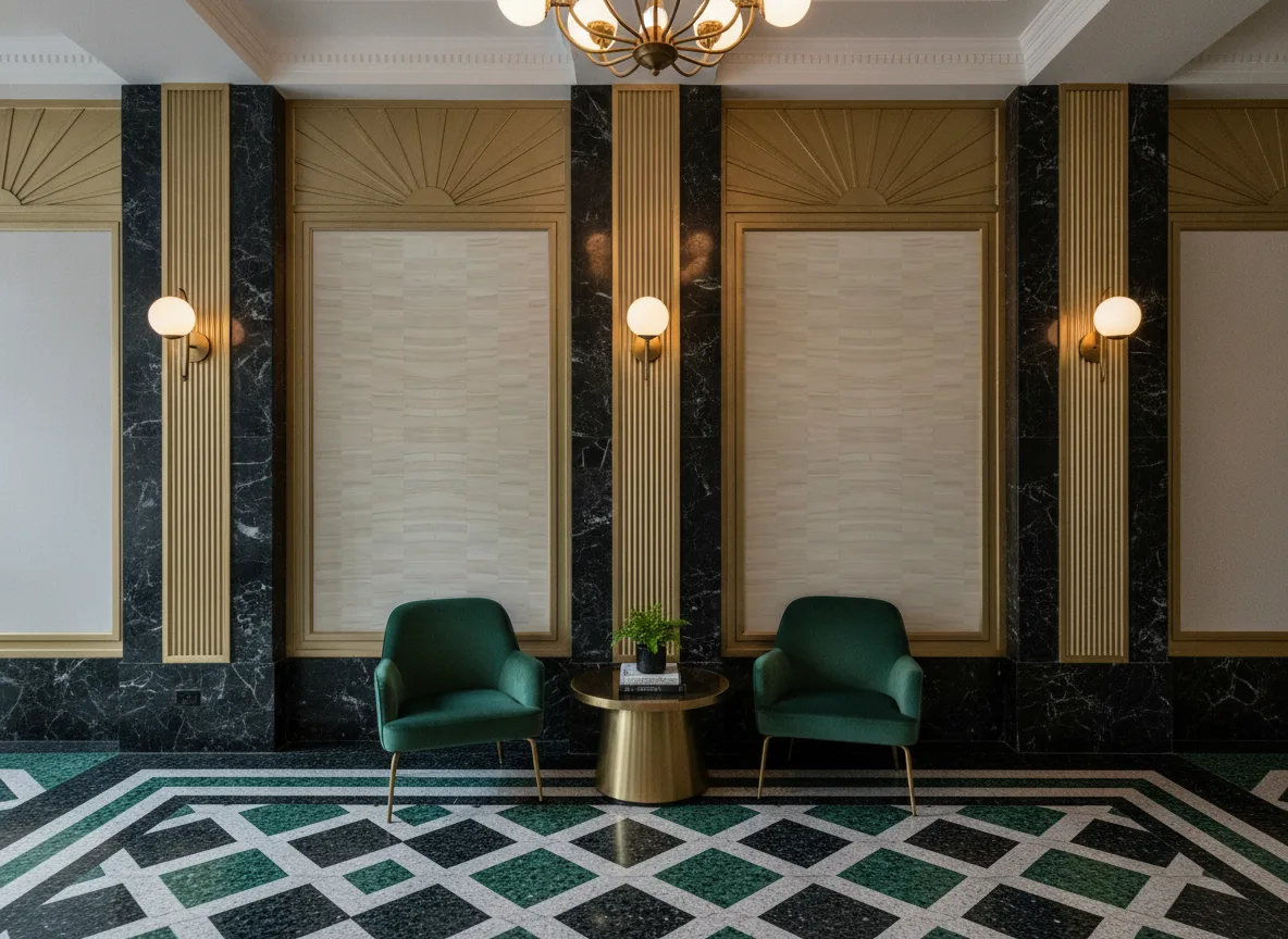 Stylosa Nature Precieuse – Textures — Lobby art deco — kwatery między mosiężnymi pilastrami
