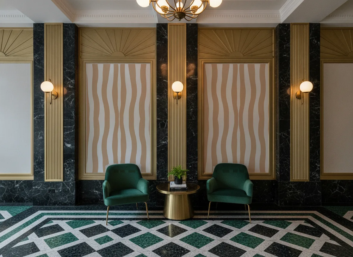 Sundae L'Ile Aux Oiseaux — Lobby art deco — kwatery między mosiężnymi pilastrami