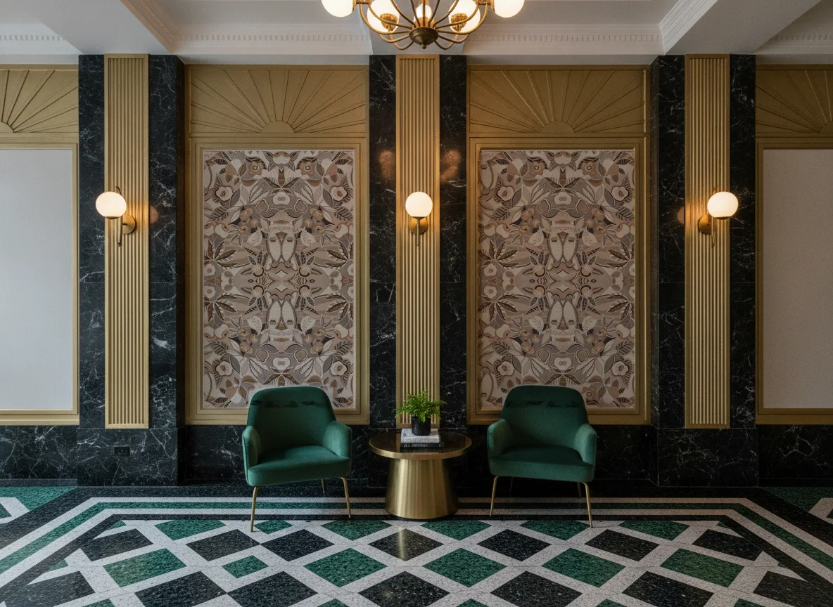 Tehuana — Lobby art deco — kwatery między mosiężnymi pilastrami