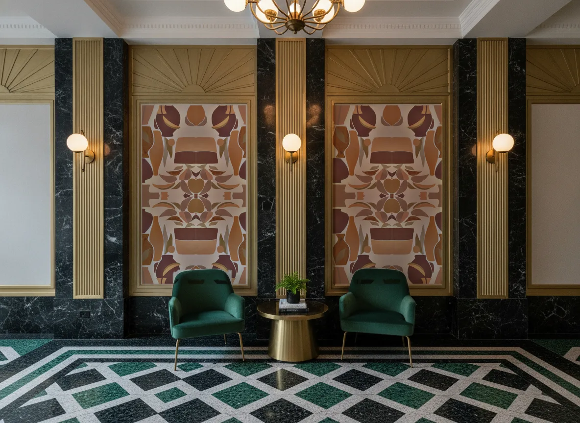 Vallauris — Lobby art deco — kwatery między mosiężnymi pilastrami