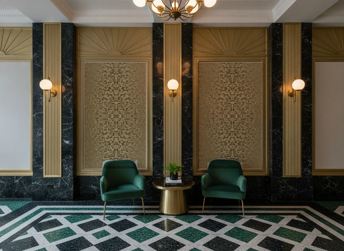 Veladero Textures Metalliques — Lobby art deco — kwatery między mosiężnymi pilastrami