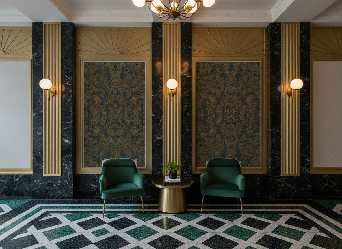 Venetie — Lobby art deco — kwatery między mosiężnymi pilastrami