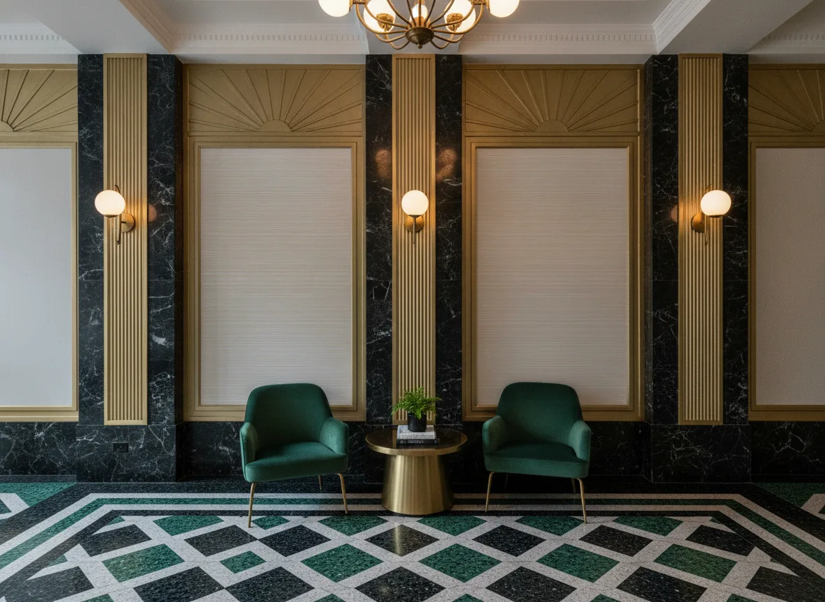 Venizia — Lobby art deco — kwatery między mosiężnymi pilastrami