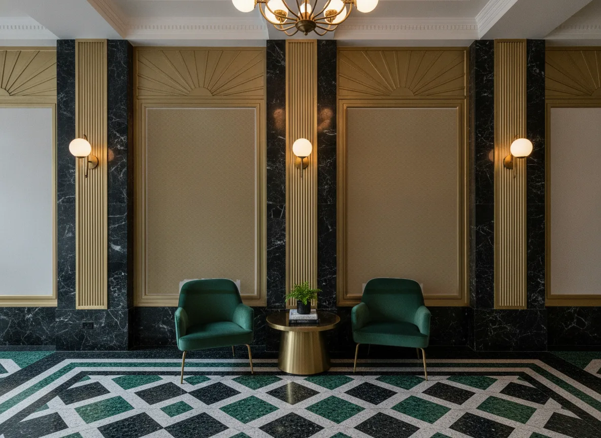 Wagara — Lobby art deco — kwatery między mosiężnymi pilastrami