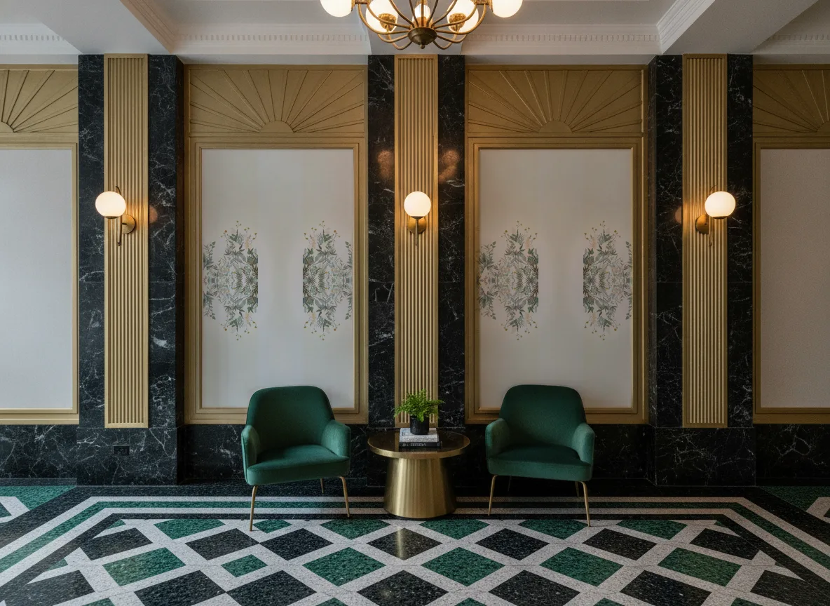 Wisteria — Lobby art deco — kwatery między mosiężnymi pilastrami
