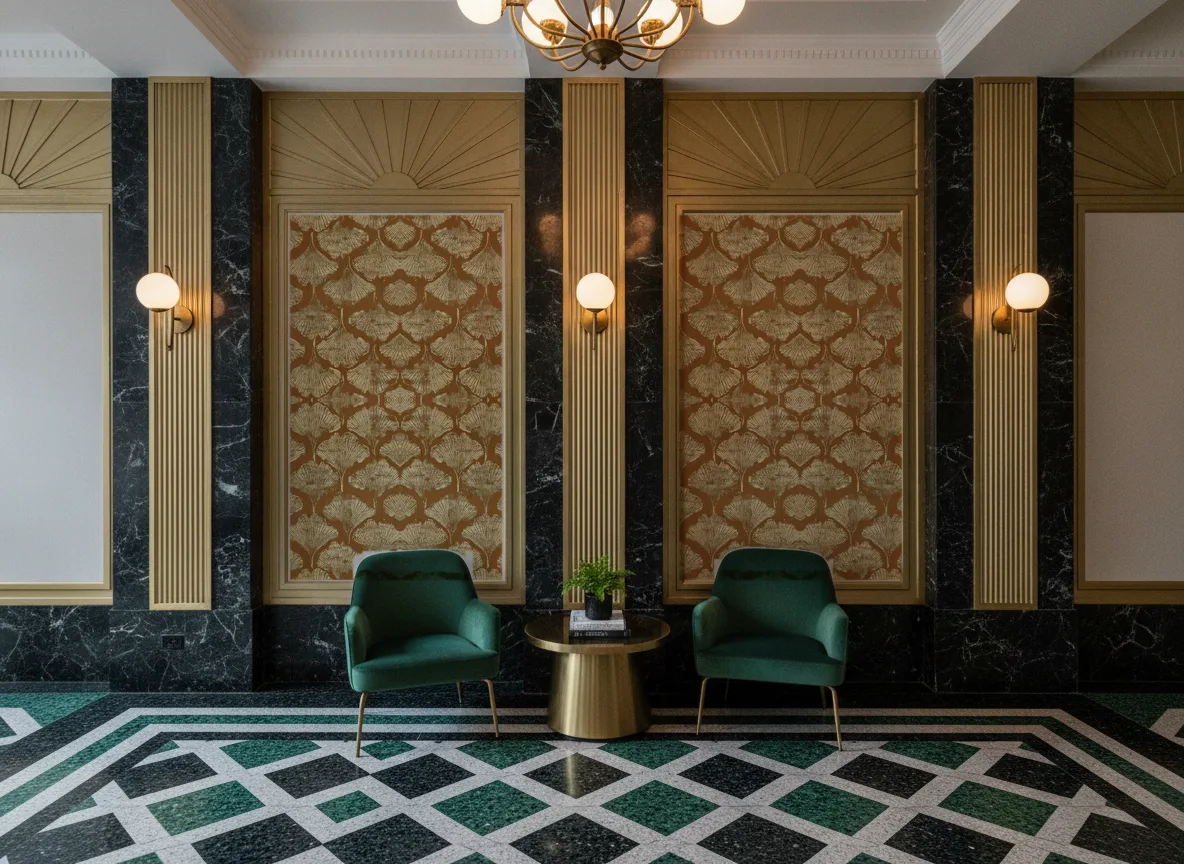 Yinkuo — Lobby art deco — kwatery między mosiężnymi pilastrami